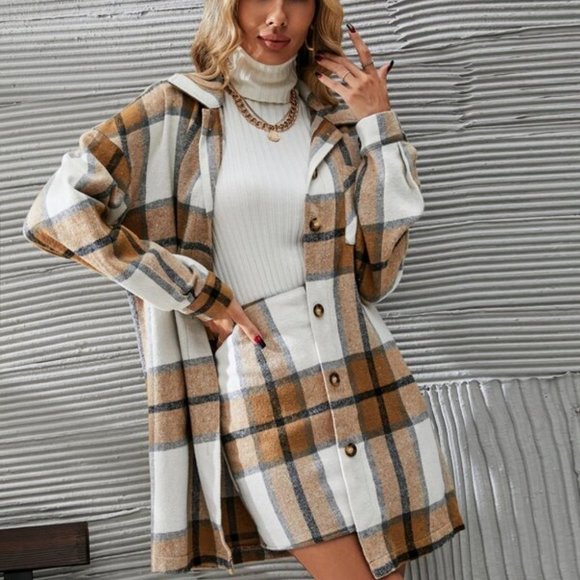 undefined Tops - 2 piece set Plaid Print Button Front Overcoat & Skirt Tan